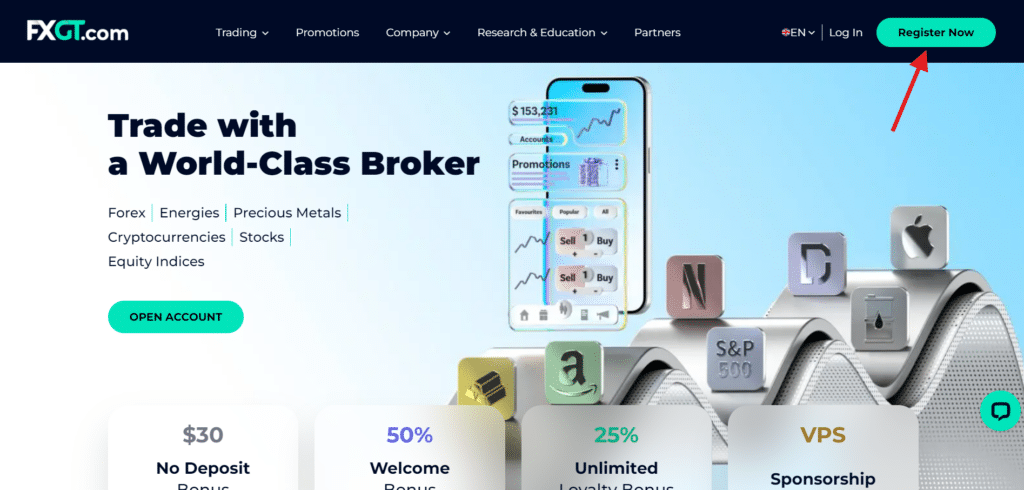 FXGT.com Step 1 - Select Register Now